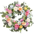 Artificial flower wreath with colorful peonies and roses for spring door decor - Pink Peony Cream Rose Multicolor Style (款式90) / 45cm