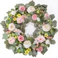 Artificial spring floral wreath with pink roses and peonies for door decor - Pink Rose White Peony Yellow Daisy Style (款式94) / 45cm