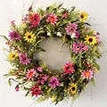 Colorful spring artificial floral wreath with pink and yellow daisies for door decor - 45cm / Style 125