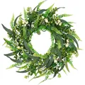 Lush green artificial wreath with white berries and flowers for spring decoration - 45cm / Style 142