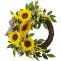 Artificial sunflower wreath with mimosa flowers and blue checkered bow - 45cm / Style 135