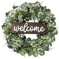 Lush green artificial eucalyptus wreath with rustic wooden welcome plaque for home door decor - 45cm / Style 150