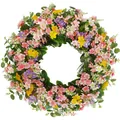 Multicolor artificial floral wreath with pink and yellow flowers for spring door decor - 45cm / Style 133