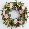 Elegant artificial floral wreath with pink roses and greenery for spring door decor - 45cm / Style 140