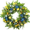 Vibrant artificial flower wreath with yellow and blue blossoms for spring door decoration - 45cm / Style 138