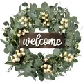 Handcrafted artificial eucalyptus wreath with white berries and wooden welcome sign - 45cm / Style 149