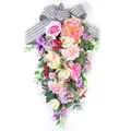 Elegant artificial flower swag with pink roses and striped bow for spring door decor. - 45cm / Style 136