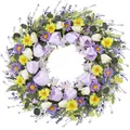 Artificial spring floral wreath with purple tulips and yellow daisies for Easter decoration - 45cm / Style 145