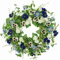 Spring artificial flower wreath with blue pansies and green ivy for door decoration - 45cm / Style 146