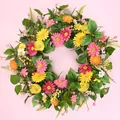 Vibrant artificial daisy wreath with colorful flowers and green leaves for spring door decor. - 45cm / Style 152
