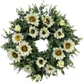 Handcrafted lush white sunflower and eucalyptus artificial wreath for spring door decor - 45cm / Style 172