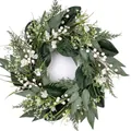 Artificial green leaf wreath with white berries and small flowers for home door decor - 45cm / Style 15