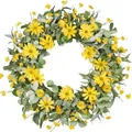 Artificial yellow daisy and eucalyptus wreath for spring home and front door decoration. - 45cm / Style 10