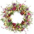 Colorful artificial pansy flower wreath with decorative butterflies for spring decor - 45cm / Style 25