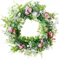 Lush artificial green wreath with pink flowers and white berries for spring decor - 45cm / Style 42