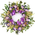 Vibrant artificial spring wreath with purple flowers for front door decoration and wall decor - 45cm / Style 41