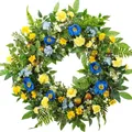 Vibrant artificial spring flower wreath with yellow and blue blooms for door decor. - 45cm / Style 29
