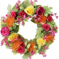 Colorful artificial flower wreath with pink and yellow roses for spring door decoration - 45cm / Style 32