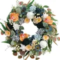 Handcrafted artificial flower wreath with orange orchids and blue roses for spring door decor - 45cm / Style 48
