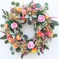 Elegant artificial spring wreath with pink roses and eucalyptus for home door decoration. - 45cm / Style 49