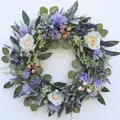 Handcrafted artificial flower wreath with white roses and purple thistle for home decor - 45cm / Style 50