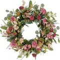 Handmade artificial spring flower wreath with pink petals and green eucalyptus leaves - 45cm / Style 51