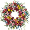 Colorful artificial flower wreath with vibrant pink, red and yellow blooms for home decor - 45cm / Style 34