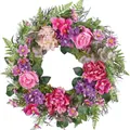 Artificial mixed flower wreath for front door, pink roses and purple blossoms spring decor - 45cm / Style 53