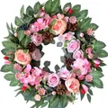 Artificial pink rose and hydrangea wreath with green leaves and pine cones for spring door decor - 45cm / Style 54