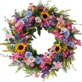 Colorful artificial flower wreath with sunflowers and lilies for spring decor - 45cm / Style 55