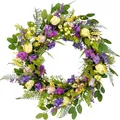 Colorful artificial spring wreath with purple flowers and yellow tulips for door decor - 45cm / Style 56