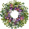 Large artificial spring wreath with purple pansies and pink flowers for front door - 45cm / Style 59
