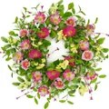 Artificial spring flower wreath with pink and yellow blooms for home door decor - 45cm / Style 66