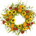 Bright artificial sunflower and poppy spring wreath for front door decor - 45cm / Style 68