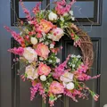 Artificial floral wreath featuring pink and white peonies for spring door decoration - 45cm / Style 75