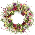 Elegant artificial spring flower wreath with pansies and butterflies for home decor - 45cm / Style 72