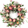 Elegant vibrant pink and peach poppy and rose artificial flower wreath for spring door decoration - 45cm / Style 63