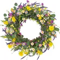 Colorful artificial spring floral wreath with daisy and lavender for front door - 45cm / Style 65
