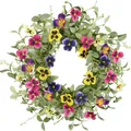 Vibrant artificial pansy flower wreath with green leaves for spring door decoration - 45cm / Style 69
