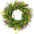 Artificial spring wildflower wreath with green grass for Easter front door decoration - 45cm / Style 79