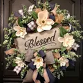 Artificial spring wreath variant with white flowers, green leaves and Blessed wooden sign - 45cm / Style 88