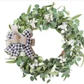 Beautiful artificial leaf wreath with white berries and buffalo check bow decoration. - 45cm / Style 83