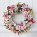 Spring pastel artificial flower wreath with pink roses and daisies for door decor - 45cm / Style 187
