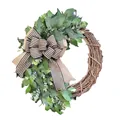 Artificial eucalyptus wreath with a striped bow on a grapevine base for door decor - 45cm / Style 188