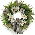 Artificial white magnolia wreath with green leaves and gingham bow for spring door decor - 45cm / Style 189