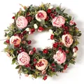 Artificial floral wreath with pink peonies and red roses for front door decor - 45cm / Style 156