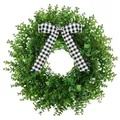 Artificial green boxwood leaf wreath featuring a black and white checkered bow decoration - 45cm / Style 165