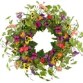 Vibrant artificial spring floral wreath with pink and purple butterflies for front door - 45cm / Style 160