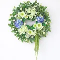 Artificial spring floral wreath with blue hydrangeas and green leaves for door decor - 45cm / Style 159