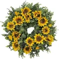 Vibrant artificial sunflower wreath with lush green leaves for spring door decoration - 45cm / Style 163